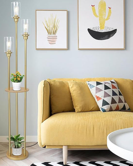 HMVPL Floor Lamps for Living Room, Gold Floor Lamp with Shelves, 3-Lights Modern Brass Standing Lamp with Glass Shades, On/Off Foot Switch, Mid Century Tall Lamp for Bedroom Corner Office(66") - LeafyLoom