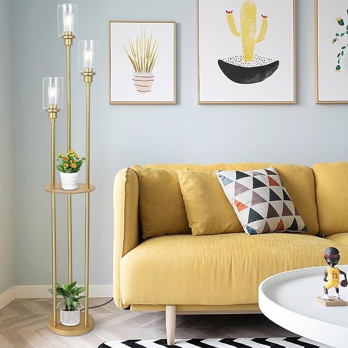 HMVPL Floor Lamps for Living Room, Gold Floor Lamp with Shelves, 3-Lights Modern Brass Standing Lamp with Glass Shades, On/Off Foot Switch, Mid Century Tall Lamp for Bedroom Corner Office(66") - LeafyLoom