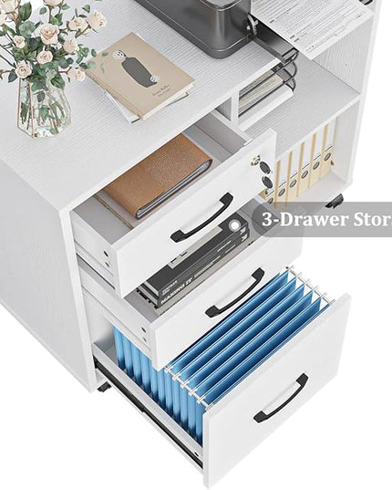 3 Drawer File Cabinets, Mobile Lateral Printer Stand with Open Shelf, Rolling Filing Cabinet with Wheels Home Office Organization and Storage (White) - LeafyLoom