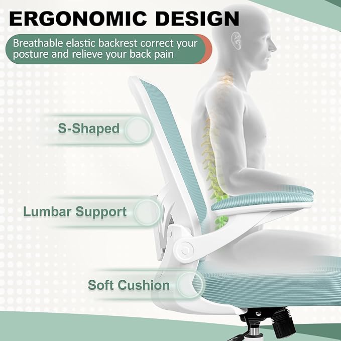MINLOVE Office Chair Ergonomic Desk Chair with Lumbar Support and Height, Rolling Swivel Desk Chair with Wheels and Flip-up Arms, Breathable Mesh Executive Computer Chair for Home Office(Light Blue) - LeafyLoom