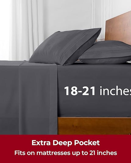 Mellanni Extra Deep Twin Sheets - 3 PC Iconic Collection Bedding Sheets & Pillowcases - Hotel Luxury, Ultra Soft, Cooling Bed Sheets - Extra Deep Pocket up to 21 inch (Twin, Gray) - LeafyLoom