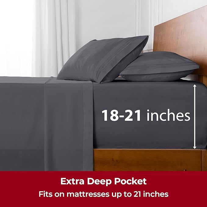 Mellanni Extra Deep Twin Sheets - 3 PC Iconic Collection Bedding Sheets & Pillowcases - Hotel Luxury, Ultra Soft, Cooling Bed Sheets - Extra Deep Pocket up to 21 inch (Twin, Gray) - LeafyLoom