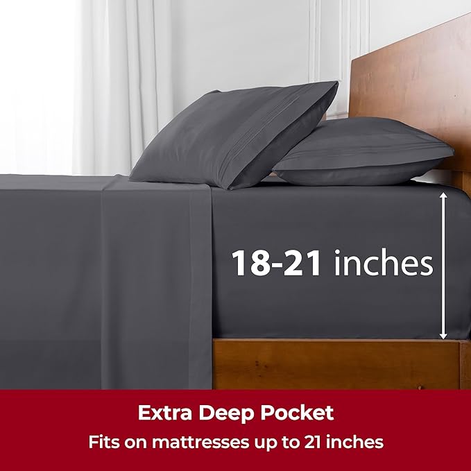 Mellanni Extra Deep King Sheets - 4 PC Iconic Collection Bedding Sheets & Pillowcases - Hotel Luxury, Ultra Soft, Cooling Bed Sheets - Extra Deep Pocket up to 21 inch (King, Gray) - LeafyLoom