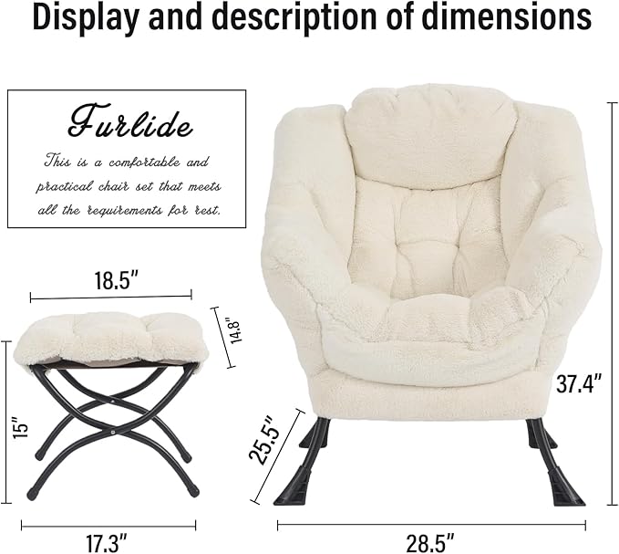 Lazy Chair with Ottoman, Modern Chair with Folding Footrest, Lounge Accent Chair, Comfortable Reading Chair for Bedroom, Study, Living Room, Courtyard (Plush Beige) - LeafyLoom