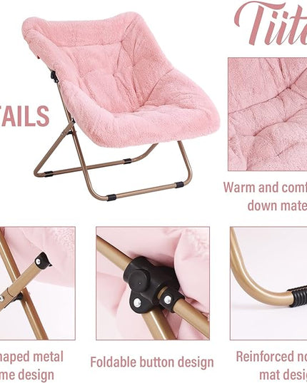 Tiita Saucer Chair with Ottoman, Soft Faux Fur Oversized Folding Accent Chair,Lounge Lazy Chair, Metal Frame Moon Chair for Bedroom, Living Room, Dorm Rooms, Garden and Courtyard - LeafyLoom