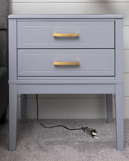 2 Drawer Side Table with Charging Station - Mid Century Modern with Polished Gold Handles, 2 USB Ports & 2 Outlets - Multifunctional Smart Bedside Table Nightstand for Your Home - 24" Tall (Gray) - LeafyLoom