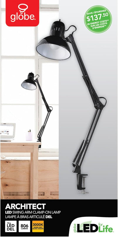 Globe Electric 12641 Architect 32" Swing-Arm Clamp-On Lamp, Black Architect, Finish, LED Bulb Included - LeafyLoom