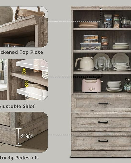 72" Tall Bookshlef with 3 Drawers, Farmhouse 4-Tier Bookcase with Adjustable Shlef, Wooden Storage Cabinet for Living Room, Kitchen, Home Office, Dining Room, Grey - LeafyLoom