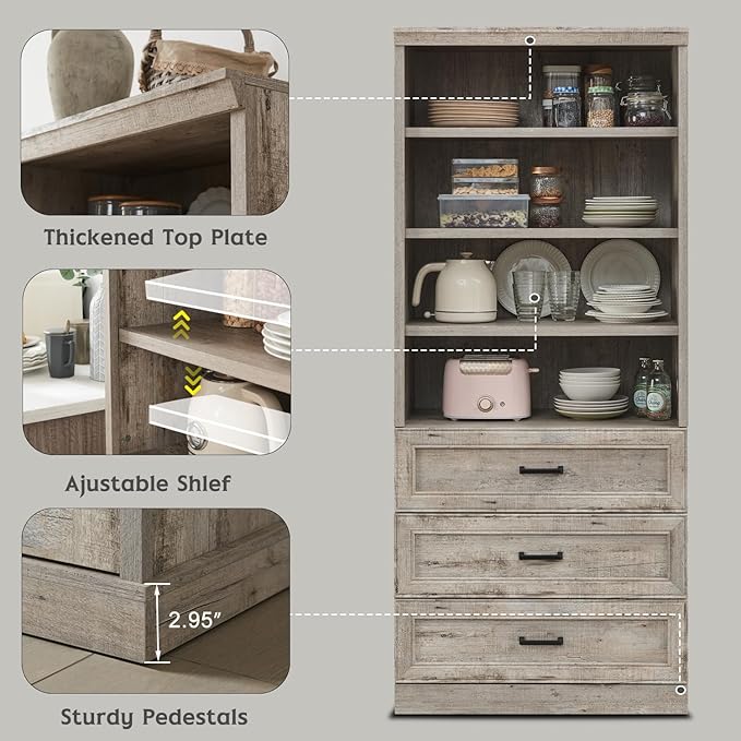 72" Tall Bookshlef with 3 Drawers, Farmhouse 4-Tier Bookcase with Adjustable Shlef, Wooden Storage Cabinet for Living Room, Kitchen, Home Office, Dining Room, Grey - LeafyLoom
