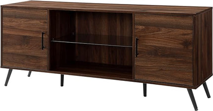 Walker Edison Saxon Mid Century Modern Glass Shelf TV Stand for TVs up to 65 Inches, 60 Inch, Walnut - LeafyLoom