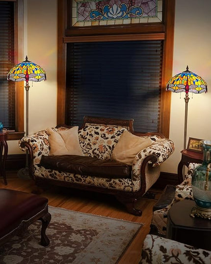 Capulina Tiffany Floor Lamp Cream Dragonfly Antique Style Stained Glass Standing Reading Floor Light 16X16X63 Inches Decor for Living Room Bedroom Home Office - LeafyLoom
