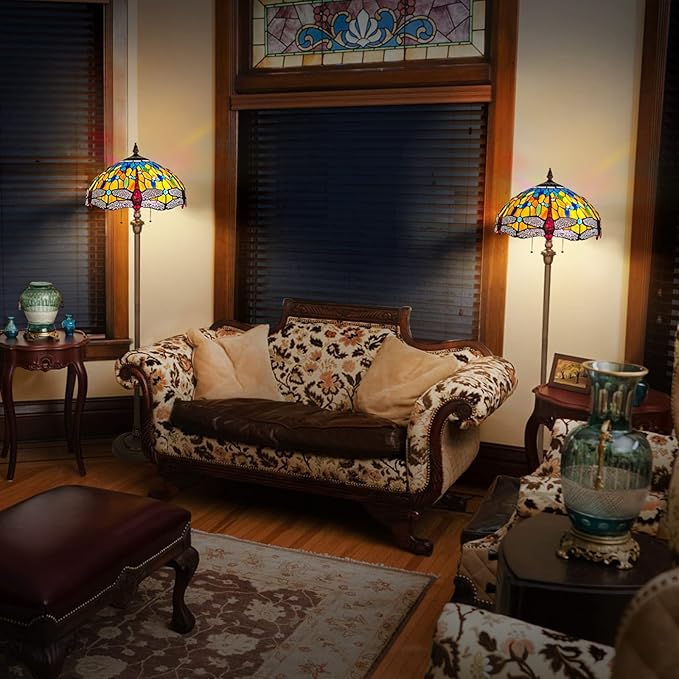 Capulina Tiffany Floor Lamp Cream Dragonfly Antique Style Stained Glass Standing Reading Floor Light 16X16X63 Inches Decor for Living Room Bedroom Home Office - LeafyLoom