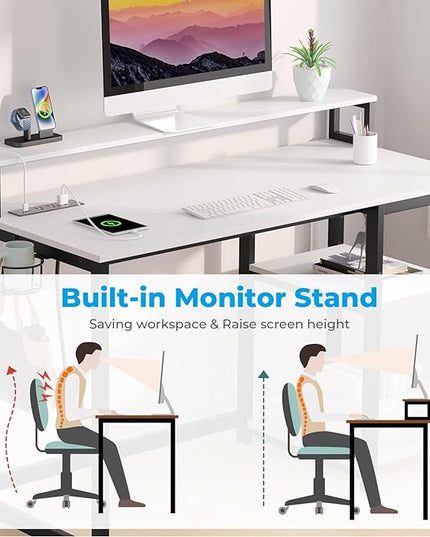 GreenForest Computer Desk with USB Charging Port and Power Outlet, Reversible Home Office Desk with Monitor Stand Storage Shelves for Small Space,47 in Work Desk with Cup Holder Hook,White - LeafyLoom