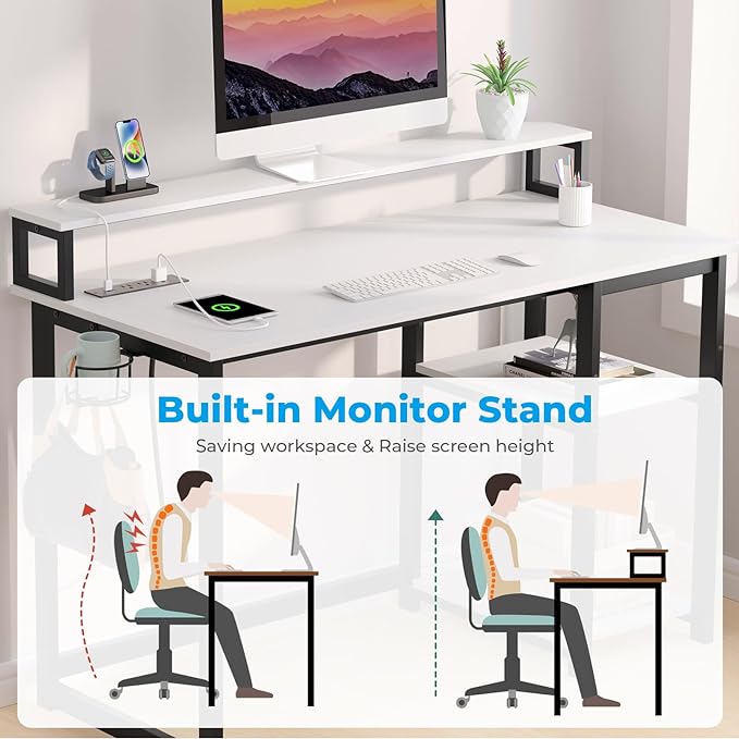 GreenForest Computer Desk with USB Charging Port and Power Outlet, Reversible Home Office Desk with Monitor Stand Storage Shelves for Small Space,47 in Work Desk with Cup Holder Hook,White - LeafyLoom