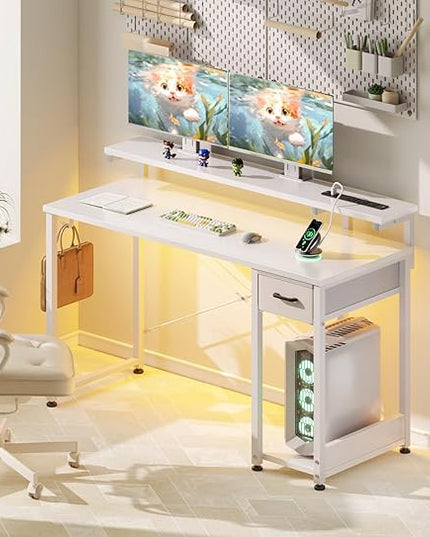 AODK Gaming Desk with LED Lights & Power Outlet, 48 Inch Computer Desk with Drawer, Reversible Desk with Adjustable Monitor Shelf & Headphone Hook for Home Office, White - LeafyLoom