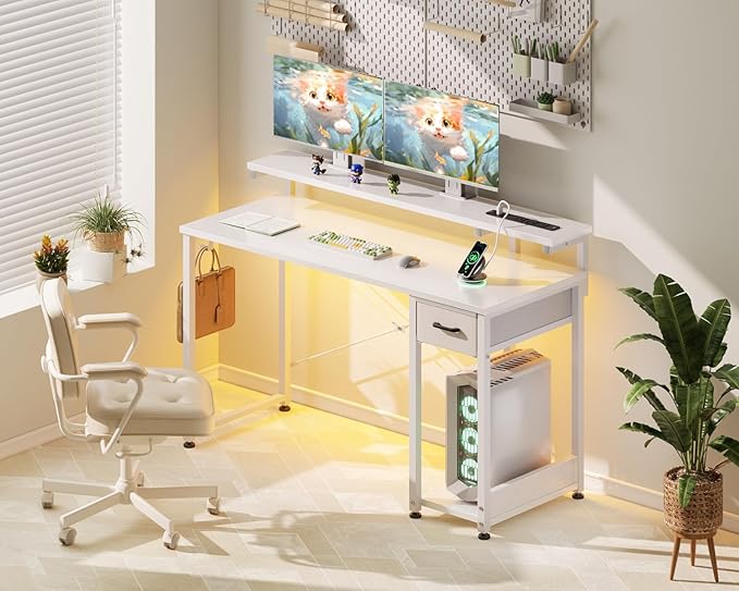 AODK Gaming Desk with LED Lights & Power Outlet, 48 Inch Computer Desk with Drawer, Reversible Desk with Adjustable Monitor Shelf & Headphone Hook for Home Office, White - LeafyLoom