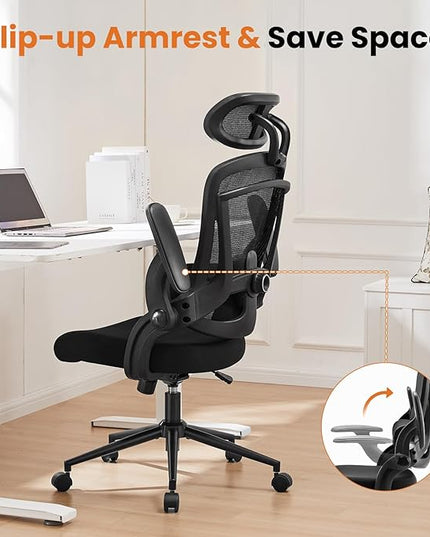 Ergonomic Office Chair, High Back Desk Chair with Adjustable Lumbar Support & Headrest,Comfortable Mesh Computer Chair with Soft Flip Up Arms, Adjustable Height and 120°Tilt,Black - LeafyLoom