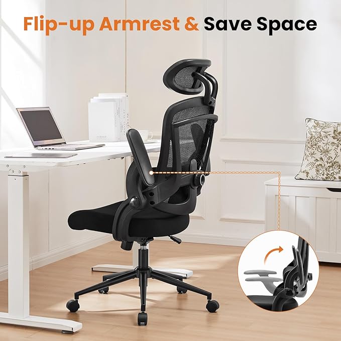 Ergonomic Office Chair, High Back Desk Chair with Adjustable Lumbar Support & Headrest,Comfortable Mesh Computer Chair with Soft Flip Up Arms, Adjustable Height and 120°Tilt,Black - LeafyLoom