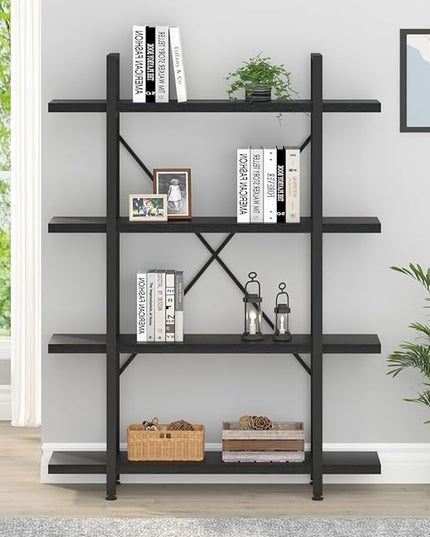 HSH 4 Tier Black Bookshelf, Industrial Metal Wood Storage Book Shelves, Modern Open 4 Shelf Bookcase and Display Etagere, Vertical Book Shelf for Bedroom Living Room Office - LeafyLoom