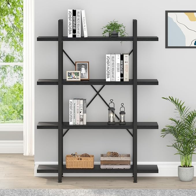 HSH 4 Tier Black Bookshelf, Industrial Metal Wood Storage Book Shelves, Modern Open 4 Shelf Bookcase and Display Etagere, Vertical Book Shelf for Bedroom Living Room Office - LeafyLoom