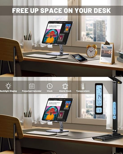 Led Desk Lamp with Wireless Charger, Desk Lamps for Home Office with Clock, Alarm, Date, Temperature | Desk Light with Night Light, 45 Min Auto Timer | Touch Control Smart Lamp for College, Dorm - LeafyLoom