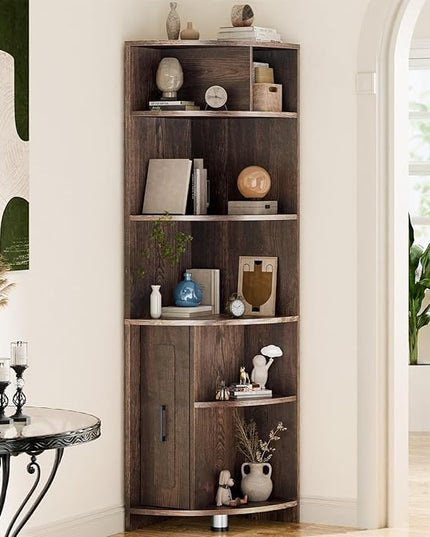 6 Tier Corner Shelf with Drawer, Corner Bookshelf and Corner Bookcase Corner Display Storage Cabinet Stand for Living Room, Bedroom, Office, Small Space, Black Walnut - LeafyLoom