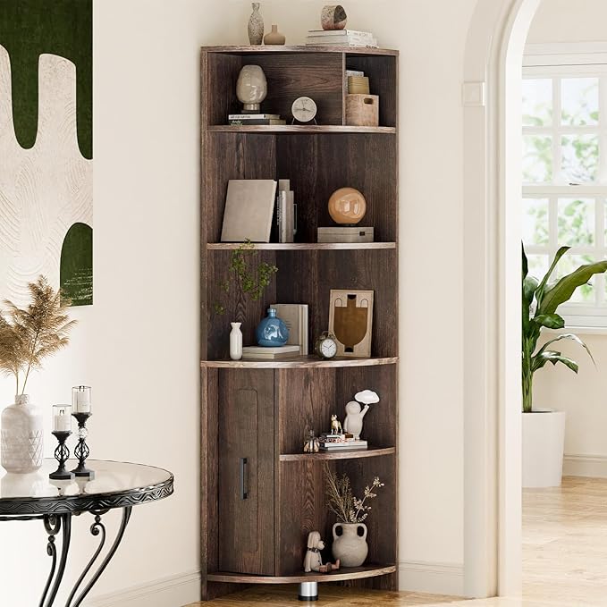 6 Tier Corner Shelf with Drawer, Corner Bookshelf and Corner Bookcase Corner Display Storage Cabinet Stand for Living Room, Bedroom, Office, Small Space, Black Walnut - LeafyLoom