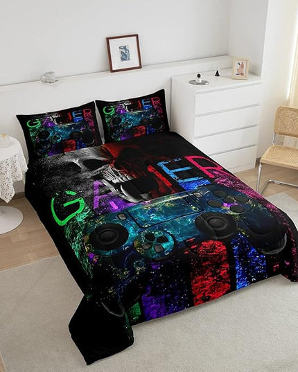 Gamer Bedding Sets for Boys, Gaming Down Comforter Full Size, Gamer Room Decor Bedding Kids Video Games Comforter Set, Sugar Skull Gamepad Bed Duvet Sets for Men Bedroom,with 2 Marble Pillow Sham - LeafyLoom