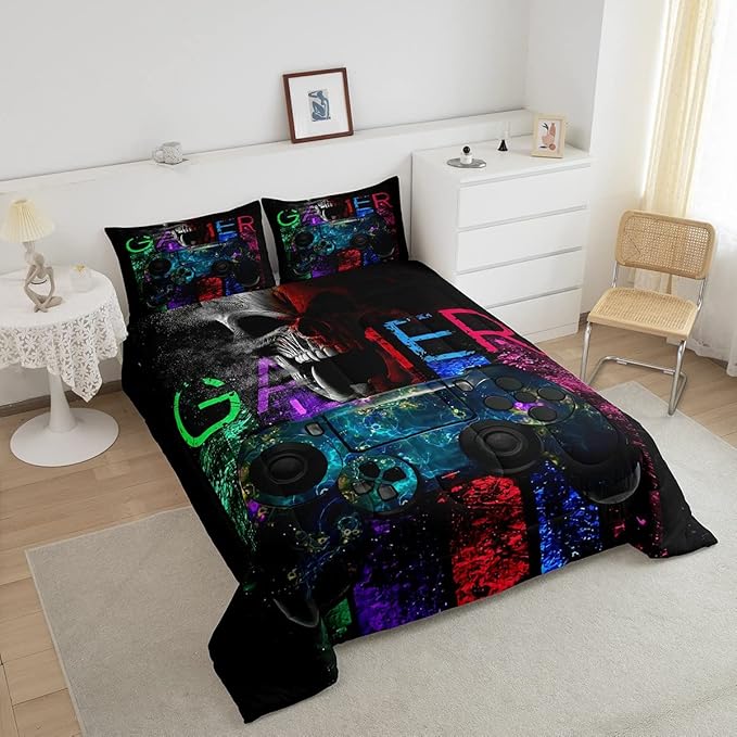 Gamer Bedding Sets for Boys, Gaming Down Comforter Full Size, Gamer Room Decor Bedding Kids Video Games Comforter Set, Sugar Skull Gamepad Bed Duvet Sets for Men Bedroom,with 2 Marble Pillow Sham - LeafyLoom