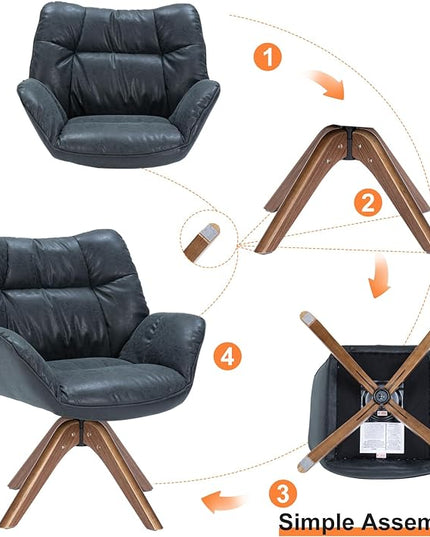 Faux Leather Accent Chair, Modern Cozy Vanity Chair with Wood Legs, Upholstered Single PU Leather Boucle Armchair for Living Room Bedroom Office Guest Room (Black) - LeafyLoom