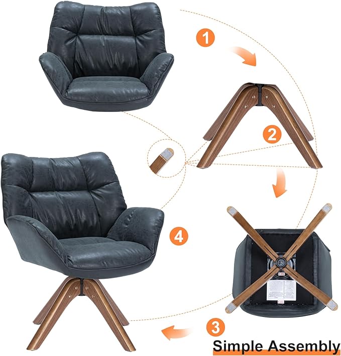 Faux Leather Accent Chair, Modern Cozy Vanity Chair with Wood Legs, Upholstered Single PU Leather Boucle Armchair for Living Room Bedroom Office Guest Room (Black) - LeafyLoom