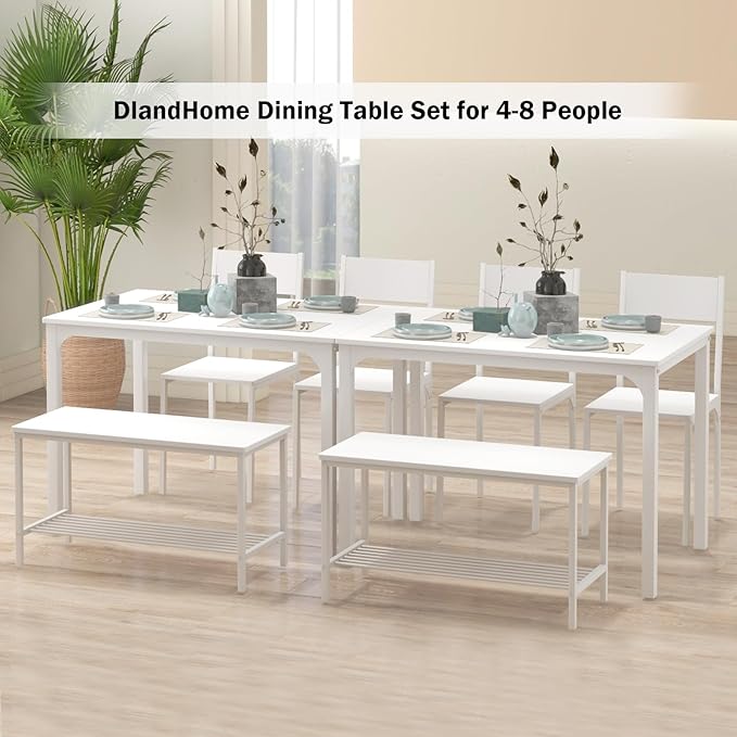 DlandHome 4 Person Dining Table Set, Dining Table with 2 Chairs and 1 Bench,Rectangular Space-Saving Dinner Table with Two Benches for Kitchen - LeafyLoom