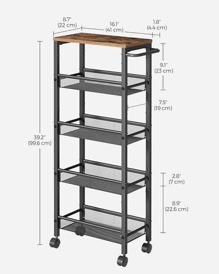 VASAGLE Slim Rolling Cart, 5-Tier Storage Cart, Narrow Cart with Handle, 8.7 Inches Deep, Metal Frame, for Kitchen, Dining Room, Living Room, Home Office, Rustic Brown and Black ULRC035B01 - LeafyLoom