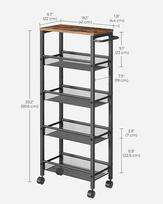 VASAGLE Slim Rolling Cart, 5-Tier Storage Cart, Narrow Cart with Handle, 8.7 Inches Deep, Metal Frame, for Kitchen, Dining Room, Living Room, Home Office, Rustic Brown and Black ULRC035B01 - LeafyLoom