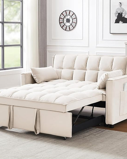 3 in 1 Loveseat Sofa Bed, Pull Out Couch Sleeper with Storage, Full Size Velvet Convertible Chair with 2 Pockets & 2 Pillows for Living Room, White - LeafyLoom