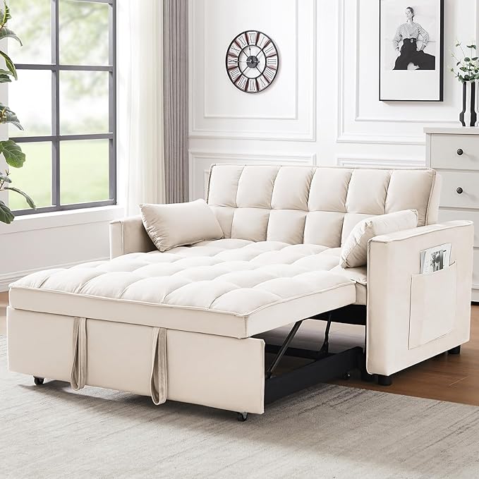 3 in 1 Loveseat Sofa Bed, Pull Out Couch Sleeper with Storage, Full Size Velvet Convertible Chair with 2 Pockets & 2 Pillows for Living Room, White - LeafyLoom