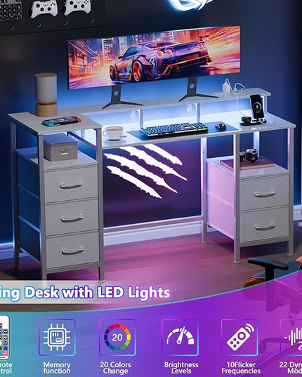 White Computer Desk with Power Outlets & LED Lights, Gaming Desk with 5 Fabric Storage Drawers, 47 Inch Home Office Desk with Monitor Stand Shelves for Working, Modern Vanity Desk for Bedroom - LeafyLoom