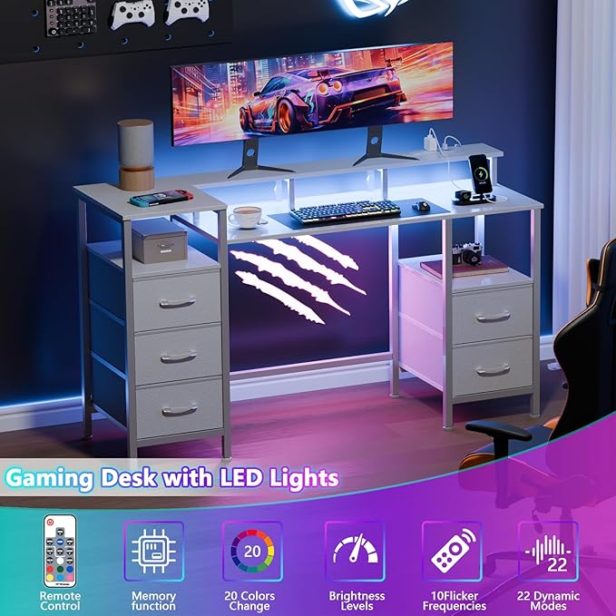 White Computer Desk with Power Outlets & LED Lights, Gaming Desk with 5 Fabric Storage Drawers, 47 Inch Home Office Desk with Monitor Stand Shelves for Working, Modern Vanity Desk for Bedroom - LeafyLoom