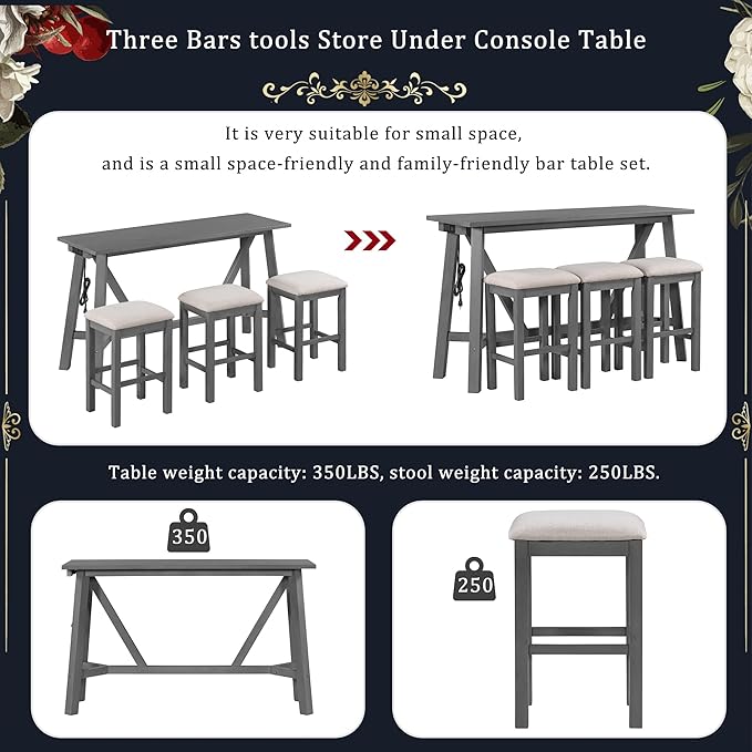 NicBex Kitchen Table Chairs Set of 4 Dining Table Set Multipurpose Home Kitchen Dining Bar Table Set with 3 Upholstered Stools for Home & Kitchen Dining Room, Gray - LeafyLoom