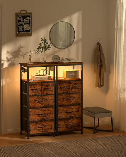 Furnulem Tall LED Dresser with Charging Station, Vertical Storage Tower Unit with Wood Shelf, 5 Drawer Nightstand for Bedroom, Living Room, Hallway, Fabric Bins, Bedside Table Furniture(Rustic Brown) - LeafyLoom