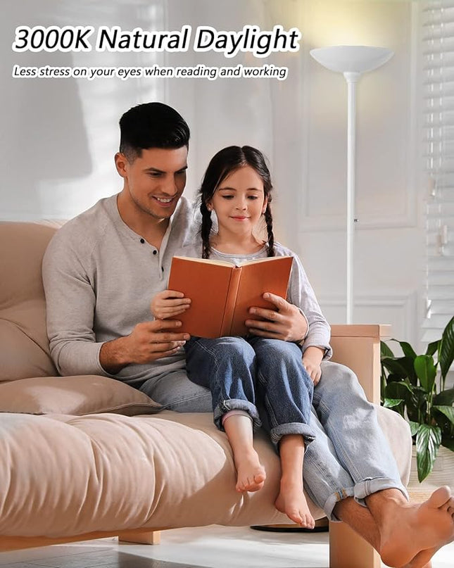 BoostArea Torchiere Floor Lamp, 24W Super Bright LED Standing Lamp, 3000K Stepless Dimmable Pole Lamp with Rotary Switch, 70 Inch Tall Metal Modern White Floor lamp for Living Room/Bedroom/Office/Den - LeafyLoom