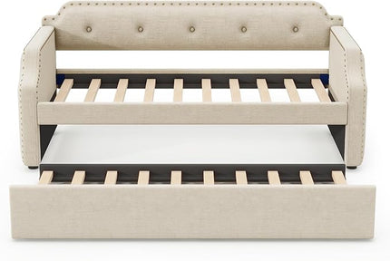 Twin Size Upholstered Daybed with Trundle, Wooden Day Sofa Bed Frame for Bedroom Living Guest Room, Wood Slat Support, Space Saving, Beige - LeafyLoom