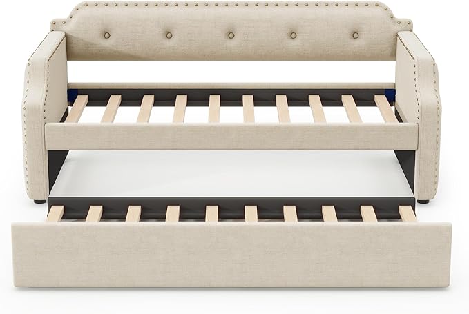 Twin Size Upholstered Daybed with Trundle, Wooden Day Sofa Bed Frame for Bedroom Living Guest Room, Wood Slat Support, Space Saving, Beige - LeafyLoom