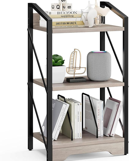 Vagusicc 3 Tier Bookshelf, Small Book Shelf Industrial Bookshelf, Wood Short Book Shelf Office Shelves with Metal Frame, Rustic Open Shelf Storage Organizer Bookcase for Living Room Bedroom, Greige - LeafyLoom