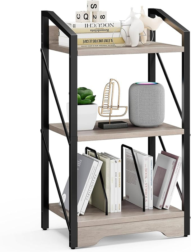 Vagusicc 3 Tier Bookshelf, Small Book Shelf Industrial Bookshelf, Wood Short Book Shelf Office Shelves with Metal Frame, Rustic Open Shelf Storage Organizer Bookcase for Living Room Bedroom, Greige - LeafyLoom