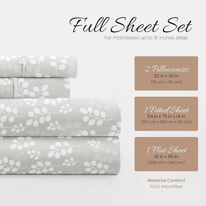 Linen Market Simply Soft Ultra Soft Wheatfield Patterned 4 Piece Bed Sheet Set, Full, Gray (SS-4PC-WHEA-FULL-GR) - LeafyLoom