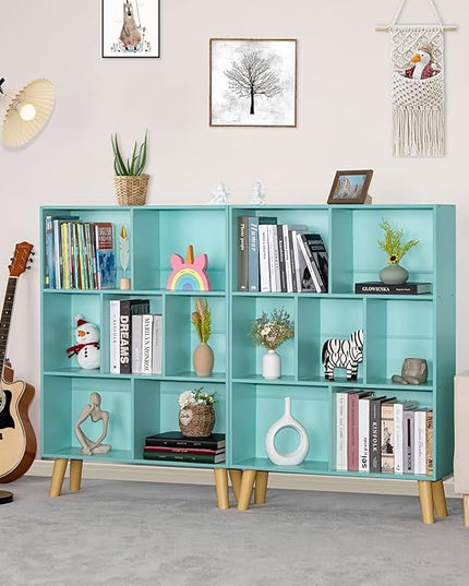 LEYAOYAO 7 Cube Bookshelf 3-Tier Bookcase with Legs, Mint-Green Kids Book Shelf Cute Storage Organizer, Toy Shelves Bookshelves,Wood Display Bookcases - LeafyLoom