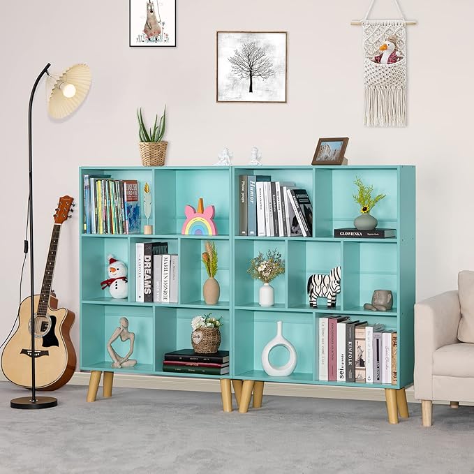 LEYAOYAO 7 Cube Bookshelf 3-Tier Bookcase with Legs, Mint-Green Kids Book Shelf Cute Storage Organizer, Toy Shelves Bookshelves,Wood Display Bookcases - LeafyLoom
