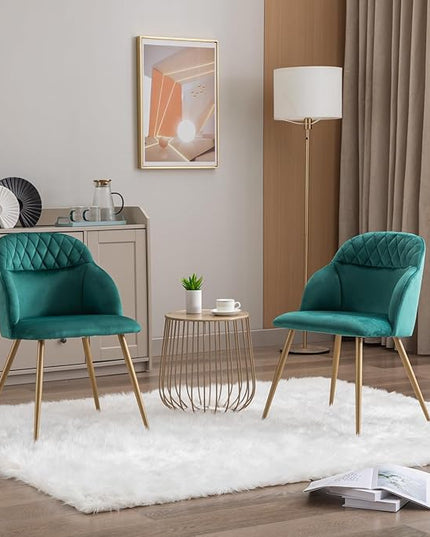 Velvet Dining Chairs Sets of 2, Modern Upholstered Accent Side Chairs with Arm Gold Metal Legs for Kitchen Living Bed Room, Green - LeafyLoom