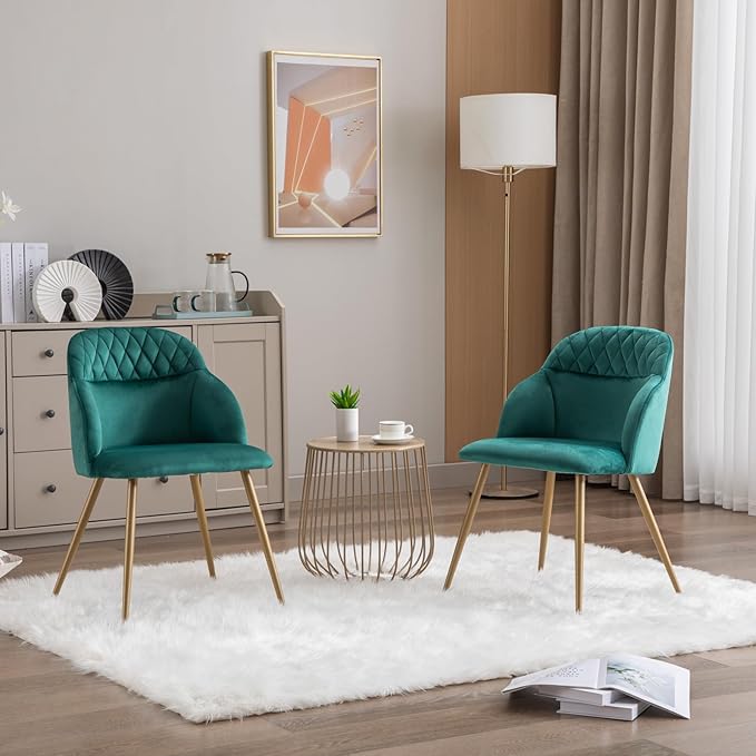 Velvet Dining Chairs Sets of 2, Modern Upholstered Accent Side Chairs with Arm Gold Metal Legs for Kitchen Living Bed Room, Green - LeafyLoom